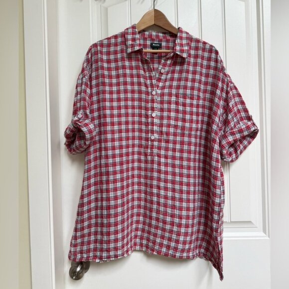 Roots 100% Linen Red, Blue, White Check Half Button Adjtable Sleeve Shirt. L - Picture 1 of 7